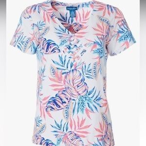 Caribbean Joe Tropical Leaf V-neck Short Sleeve Shirt, Vacation